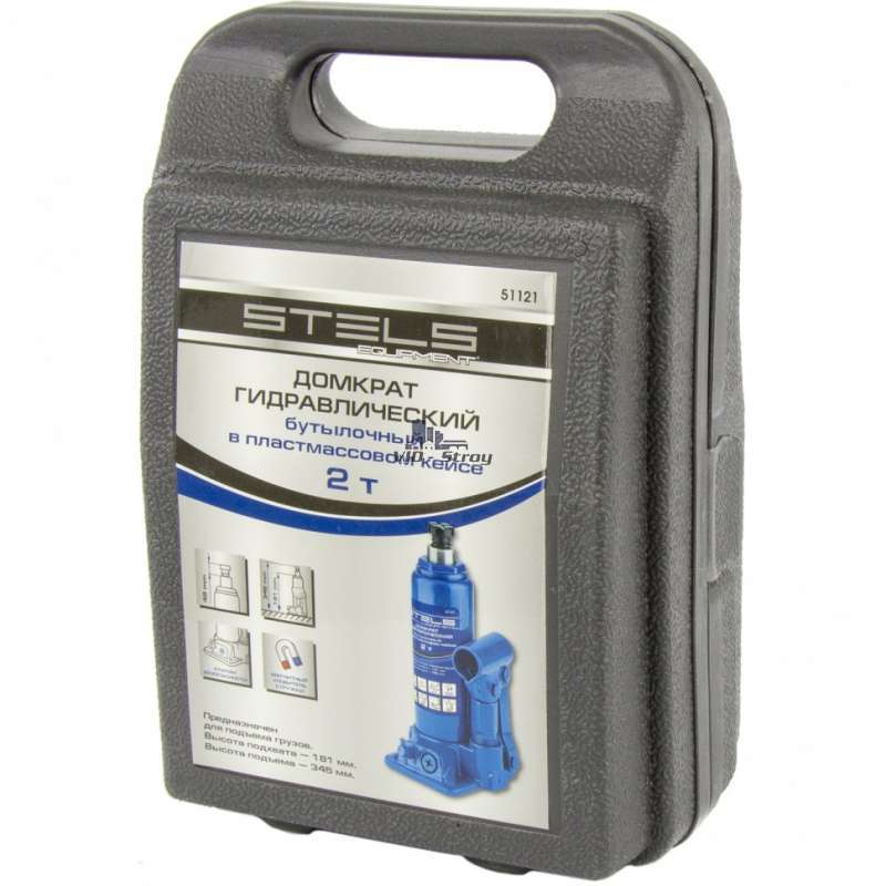 Домкрат гидравлический бутылочный, 2 т, H подъема 181-345 мм, в пластиковый кейс,е. STELS